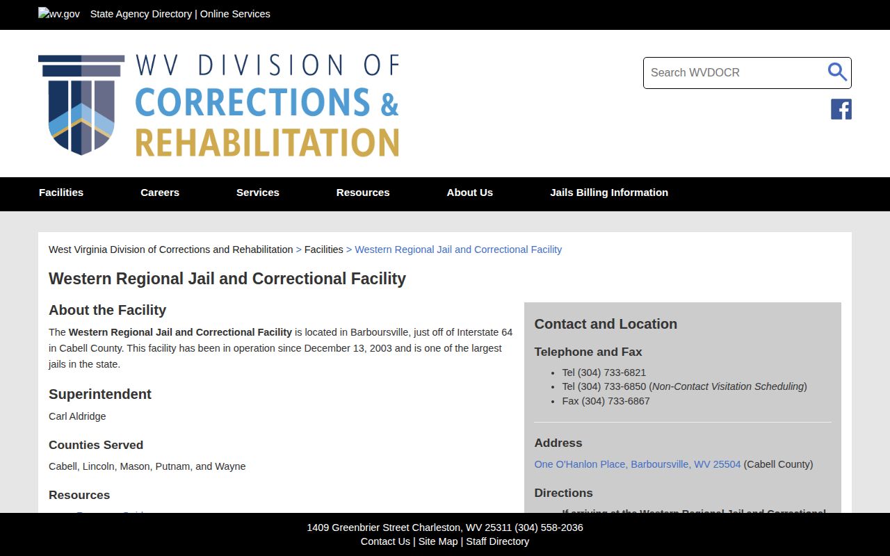 Western Regional Jail Wayne County release facility information